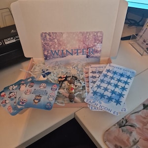 May include: A winter-themed gift box with cards featuring owl illustrations and snowflake patterns. The box also contains a charm bracelet and decorative paper, with the word "WINTER" visible.