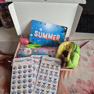 May include: A white box filled with summer-themed items. Includes a card with "SUMMER" text, stickers with seashell and cherry designs, a small avocado-shaped backpack, and a pink tulip. The stickers read "Summer Saver" and "Each Icon $2".