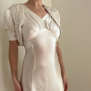 Rare 1930s Liquid Satin Bias Slip Dress with Matching Floral Bolero | Puff Flower Embroidery