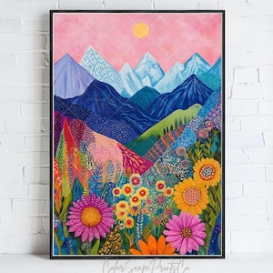 Wildflower Mountain Wall Art Colorful Landscape Print Floral Mountain Painting Colorful Wall Art Vibrant Nature Print Maximalist Scenery Art