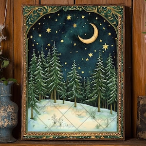 Moon and Stars Print Dark Forest Painting Winter Landscape Print Enchanted Forest Decor Celestial Art Starry Night Sky Crescent Moon Poster
