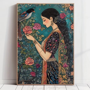 Traditional Indian Painting Woman in Garden Painting Indian Woman Print Pichwai Painting Indian Art Print Classic Indian Canvas Painting