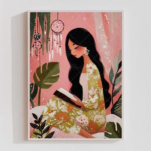 Boho Girl Reading Book Wall Art Cozy Apartment Print Reading Woman Aesthetic Bedroom Reading Nook Print Bookish Print Pink Feminine Decor