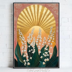 Lily Of The Valley Painting White Flower Painting May Birth Flower Gift Botanical Flower Print Dark Green Wall Art Pink Green Gold Wall Art