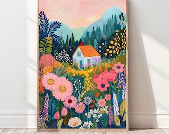 Colorful Garden Painting Vibrant Landscape Print Bright Wildflower Landscape Spring Botanical Art Summer Flower Vibrant Nature-Inspired Art
