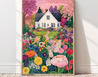 Whimsical Garden Wall Art Flower Garden Print Summer Cottage Garden Print Vibrant Garden Landscape Poster Whimsical Countryside Nursery Art