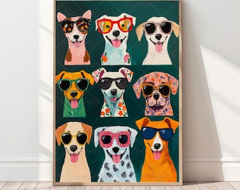 May include: A digital painting of nine dogs wearing sunglasses. The dogs are all different breeds and have different colored fur. The background is a dark green color. The dogs are all looking at the viewer.