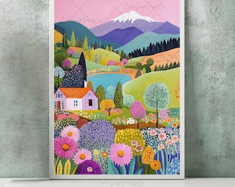 English Cottage Garden Painting Flower Garden Print Whimsical Garden Painting Enchanted Landscape Colorful Wall Art Vibrant Landscape Print