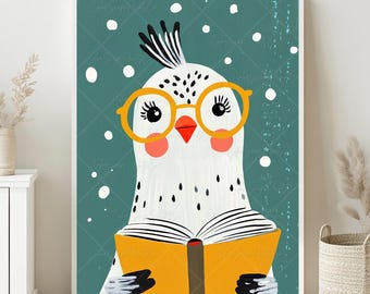 May include: A whimsical illustration of a white bird wearing orange glasses and reading a yellow book. The bird has black and white markings and is set against a teal background with white dots. The artwork is framed in a white border.