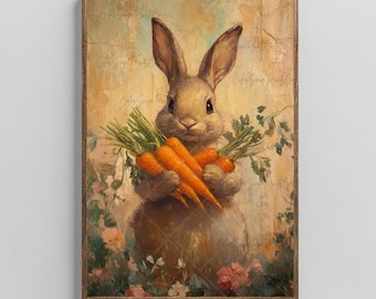 Vintage Bunny with Carrots Print Easter Bunny Print Rabbit Wall Art Whimsical Easter Wall Art Rabbit Easter Decor Farmhouse Easter Painting