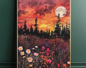 Könnte beinhalten: Aquarellgemälde einer Waldszene mit einem Vollmond am Himmel. Der Wald ist vor einem leuchtend orangefarbenen und roten Sonnenuntergang silhouettiert. Im Vordergrund befindet sich ein Feld mit Wildblumen in Rosa-, Rot- und Gelbtönen.