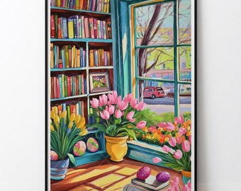 Spring Bookshop Print Bookstore Poster Bookshelf Painting Library Print Book Art Reading Poster Book Lover Gift Reader Gift Storefront Print