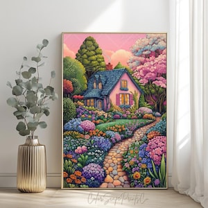 Whimsical Garden Print Colorful Wildflowers Print Spring Garden Art Flower Garden Illustration Vibrant Landscape Painting Colorful Wall Art