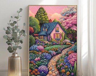 Whimsical Garden Print Colorful Wildflowers Print Spring Garden Art Flower Garden Illustration Vibrant Landscape Painting Colorful Wall Art