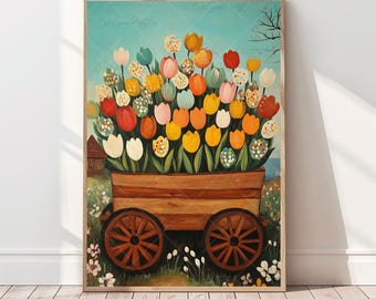 Cute Spring Wall Art Spring Village Print Colorful Tulip Floral Print Flower Wagon Painting Colorful Spring Landscape Print Wildflower Print