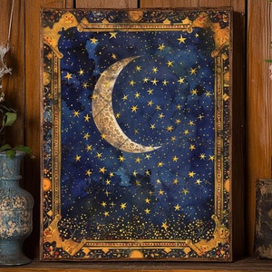 Art mural lune et étoiles, peinture céleste, ciel étoilé, croissant de lune, affiche vintage de minuit mystique, art mural nocturne sombre, art universitaire