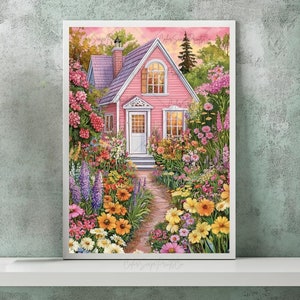 Flower Garden Illustration Whimsical Garden Art Colorful Wall Art Vibrant Landscape Painting Spring Garden Art Floral Art Bright Scenery Art
