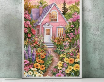 Flower Garden Illustration Whimsical Garden Art Colorful Wall Art Vibrant Landscape Painting Spring Garden Art Floral Art Bright Scenery Art