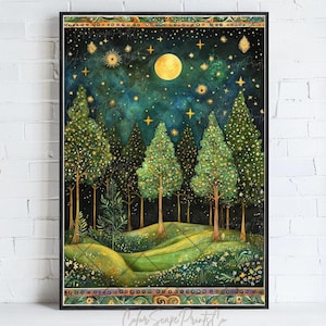 Moonlit Pine Tree Forest Print Moon and Stars Wall Art Dark Forest Painting Vintage Landscape Print Enchanted Night Dark Green Gold Wall Art