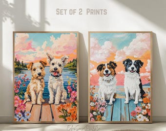 May include: Set of two prints featuring colorful illustrations of dogs. The first print shows two dogs sitting on a dock with a lake and sunset in the background. The second print shows two dogs sitting on a dock with a lake and sunset in the background.