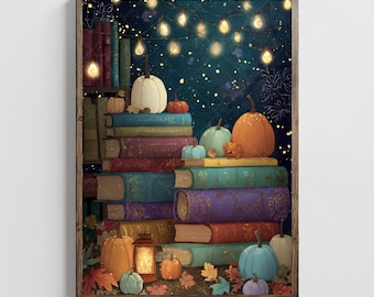 Magische pompoen boekenplank schilderij grillige herfst boeken en pompoenen afdrukken herfst boek hoekje Halloween leesgrage kunst aan de muur gezellige herfst nacht kunst