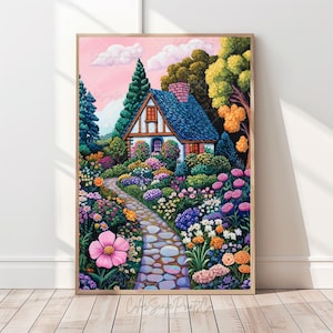 Flower Garden Illustration Whimsical Garden Print Spring Garden Art Vibrant Landscape Painting Floral Art Colorful Wall Art Bright Scenery