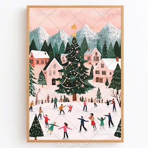 Ice Skating Print Winter Cityscape Painting Winter Wonderland Painting Christmas Village Print Pink House Art Decorated Christmas Tree Print