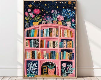 Whimsical Bookshelf Print Book Stack Painting Botanical Bookshelf Print Pink Bookstore Wall Art Reading Nook Decor Floral Bookshelf Art Pink