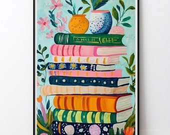 Pastel Book Stack Wall Art Floral Bookshelf Print Cozy Reading Nook Decor Book Lover Gift Vintage Literary Art Cottagecore Book Aesthetic