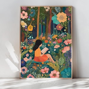 Girl Reading Book Print Flower Garden Painting Reading Woman Print Bookish Art Booklover Gift Colorful Wall Art Reader Gift Bibliophile Gift