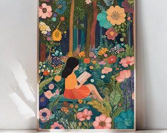 Girl Reading Book Print Flower Garden Painting Reading Woman Print Bookish Art Booklover Gift Colorful Wall Art Reader Gift Bibliophile Gift