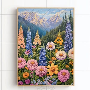 Wildflower Meadow Print Colorful Mountain Landscape Painting Vibrant Floral Mountain Artwork Colorful Wall Art Forest Print Flower Field Art