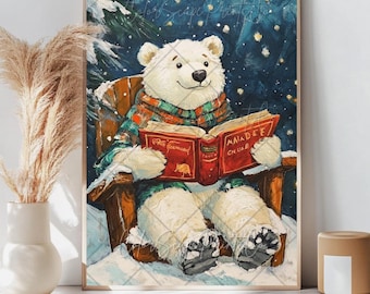 North Pole Book Club Print Christmas Polar Bear Reading Book Printable Wall Art Bookish Christmas Gift Booklover Print Books Art Winter Deco