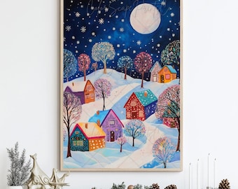 Christmas Village Wall Art Whimsical Winter Wonderland Christmas Wall Art Folk Art Christmas Cozy Season Print Snowy Landscape Winter Scene