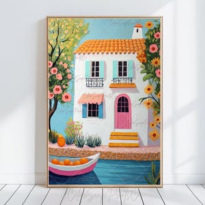 Mediterranean Village Print Whimsical Coastal Wall Art Colorful Summer Wall Art Cottage by the Sea Print Mediterranean House Art