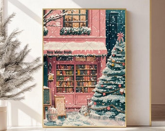 Winter Bookstore Print Snowy Bookshop New York Bookstore Poster NYC Book Art Anime Style Bookshop Cozy Bookish Print Christmas Reading Art