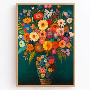 Pintura de jarrón de flores, impresión de flores en un jarrón, arte de pared botánico floral abstracto, arte de pared colorido, póster maximalista brillante, impresión de arte floral