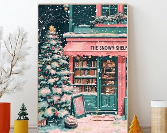 Winter Bookstore Art Print Anime Style Bookshop Print NYC Pink Bookstore Poster Reading Nook Print Bookish Christmas Decor Reading Art Print