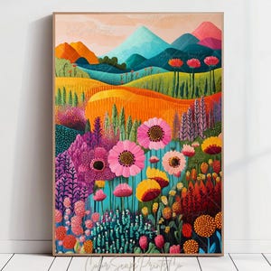 May include: A colorful painting of a landscape with mountains in the background and a field of flowers in the foreground. The flowers are pink, purple, yellow, and orange. The mountains are blue and green. The sky is a light blue with a pink and orange sunset.