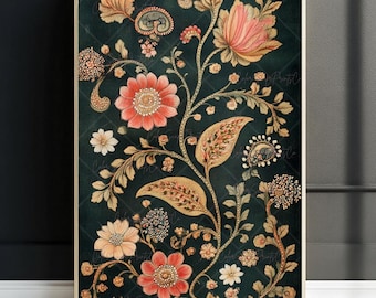 Indian Floral Art Print Mughal Floral Wall Art Traditional Indian Botanical Print Antique Style Indian Print Vintage Gold Dark Green Decor