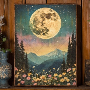 Moon and Stars Wall Art Vintage Night Landscape Celestial Wall Art Dark Forest Painting Starry Night Sky Wildflower Mountain Night Painting