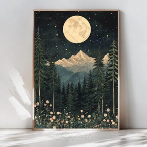 Moon and Stars Wall Art Dark Forest Print Forest Moon Mountain Landscape Print Enchanted Forest Decor Enchanted Night Dark Green Wall Decor