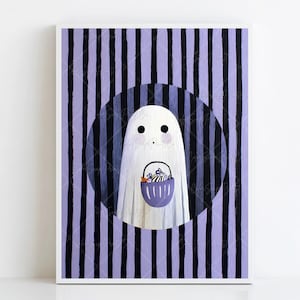 Printable Halloween Wall Art Cute Ghost Halloween Art Print Spooky Kawaii Halloween Printable Striped Art Trick or Treat Ghost Illustration
