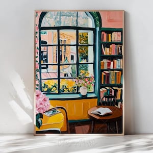 Vintage Bookstore Wall Art Whimsical Bookshelf Art Book Stack Painting Pastel Bookshelf Print Reading Nook Art Booklover Gift Reading Print