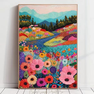 Wildblumen Malerei Frühling Wiese Druck Wunderlich Garten Druck Bunte Landschaft Blühende Wildblumen Druck Lebendige Berglandschaft Kunst