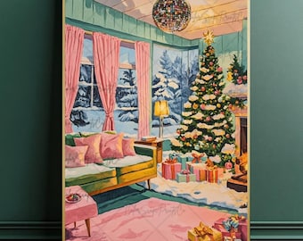 Christmas Tree Print Christmas Disco Living Room Painting Colorful Christmas Printable Christmas Gift Print Cozy Christmas Snowy Landscape