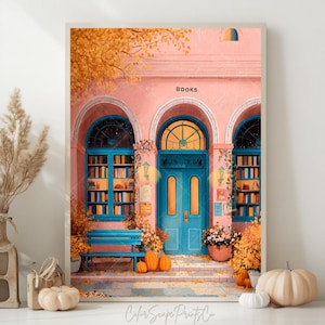 Autumn Bookstore Print Fall Bookshop Print Autumn Reading Art Print Halloween Bookshop Booklover Gift Bibliophile Book art Pinkoween Decor