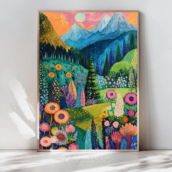 Levendige berglandschap print grillige natuur scène roze lucht kleurrijke bloemen muur kunst bostuin schilderij lente zomer interieur