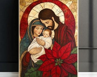 Impresión de la Sagrada Familia, pintura de Jesús, María y José, arte mural cristiano, pintura católica, arte mural de Jesús, versículo bíblico, arte mural, decoración de pared religiosa