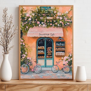 Fall Cafe Print Coffee Shop Illustration Whimsical Pastry Shop Italian Bakery Print Autumn Cafe Pink Bakery Print Fall Kitchen Wall Decor